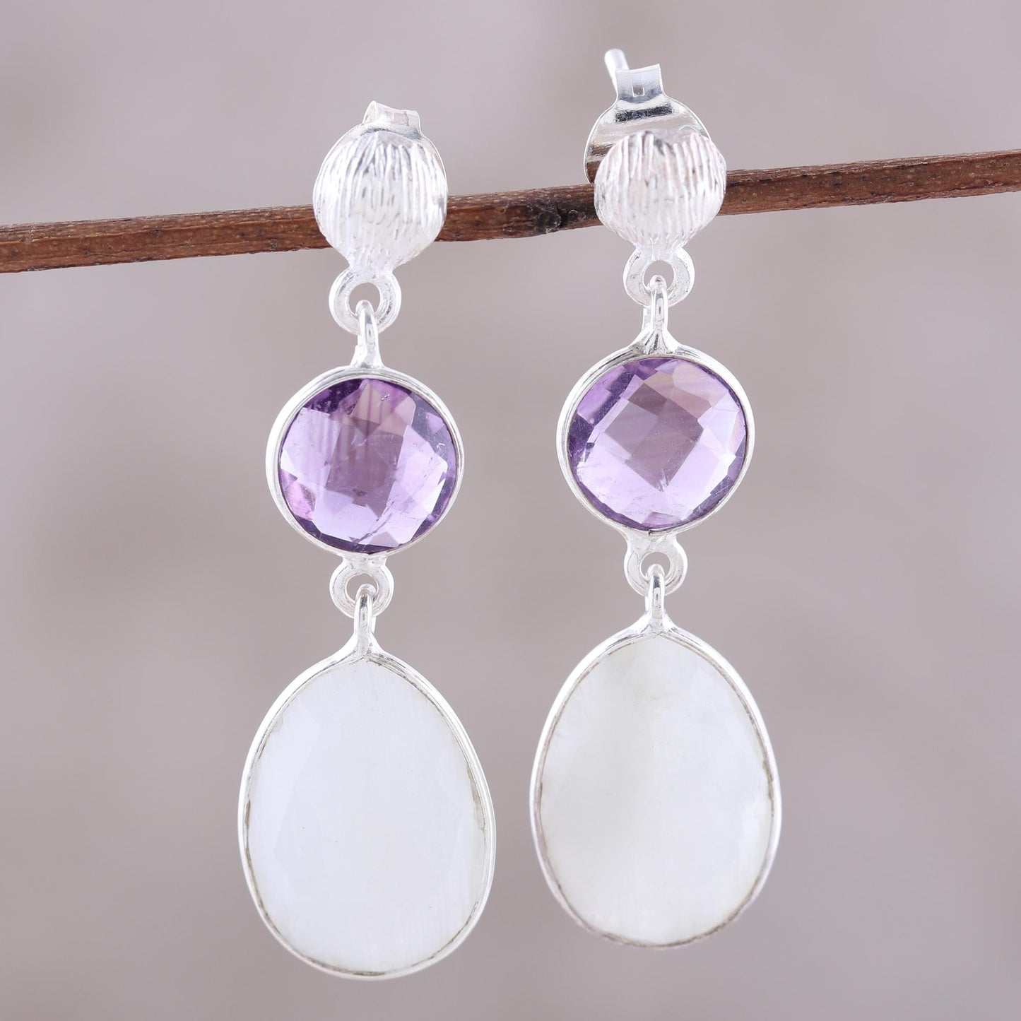 Sundown Mist Rainbow Moonstone Amethyst Sterling Silver Dangle Earrings