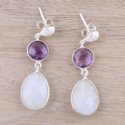 Sundown Mist Rainbow Moonstone Amethyst Sterling Silver Dangle Earrings