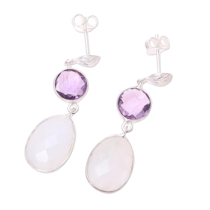 Sundown Mist Rainbow Moonstone Amethyst Sterling Silver Dangle Earrings