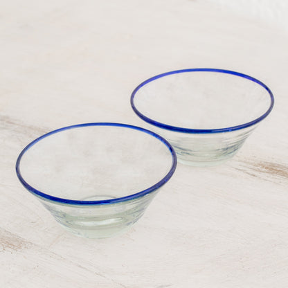 Icy Sweet Handblown Recycled Glass Blue Rim Desert Bowls (Pair)