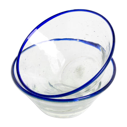 Icy Sweet Handblown Recycled Glass Blue Rim Desert Bowls (Pair)