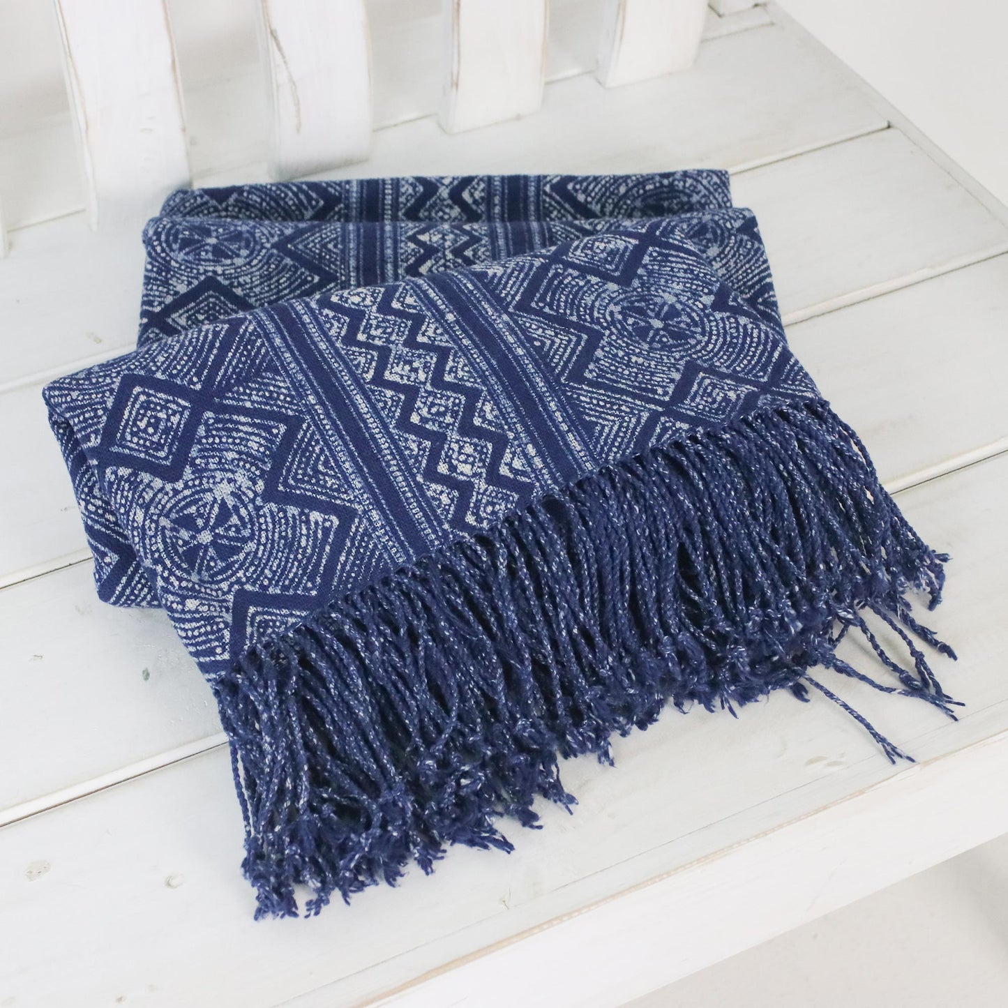 Batik Energy Geometric Batik Cotton Throw in Indigo from Thailand