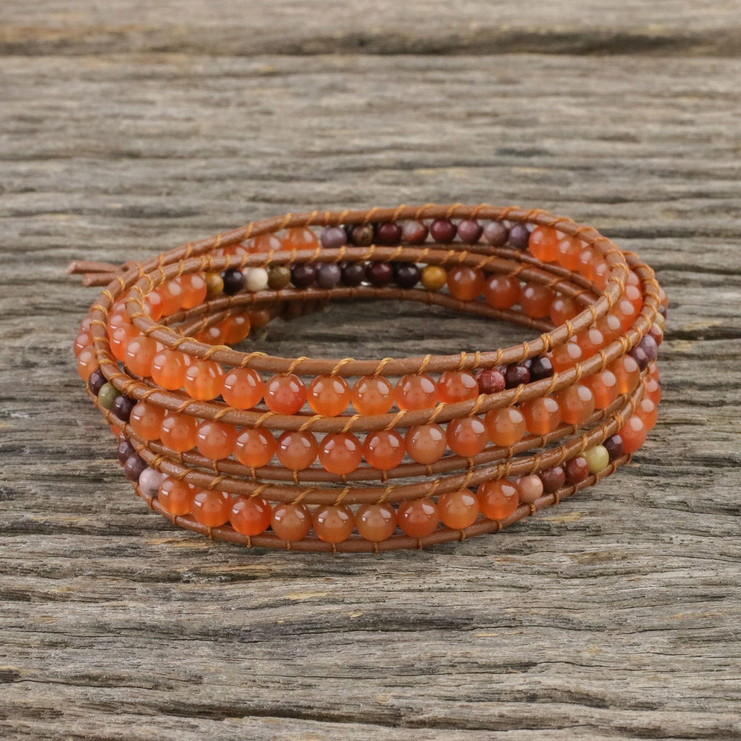 Terra Firma Swirl Carnelian and Jasper Beaded Leather Cord Wrap Bracelet