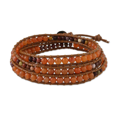 Terra Firma Swirl Carnelian and Jasper Beaded Leather Cord Wrap Bracelet