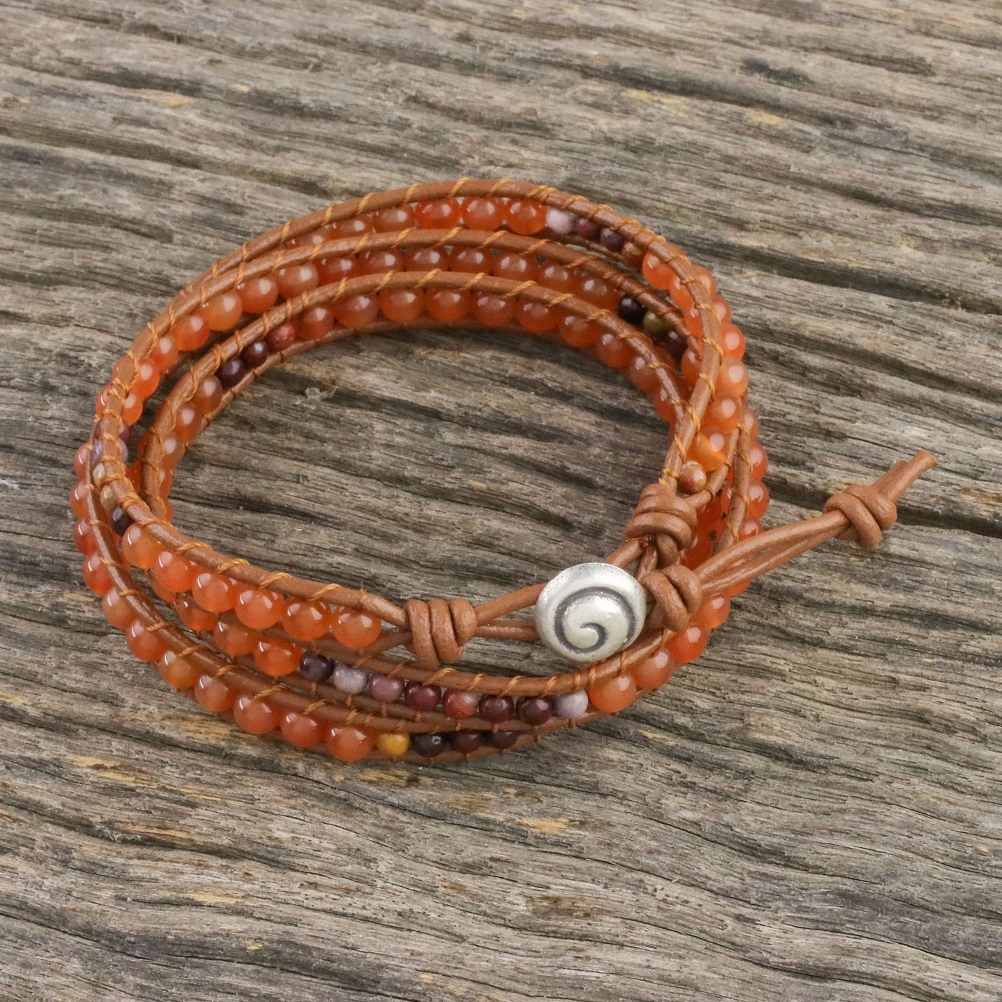 Terra Firma Swirl Carnelian and Jasper Beaded Leather Cord Wrap Bracelet