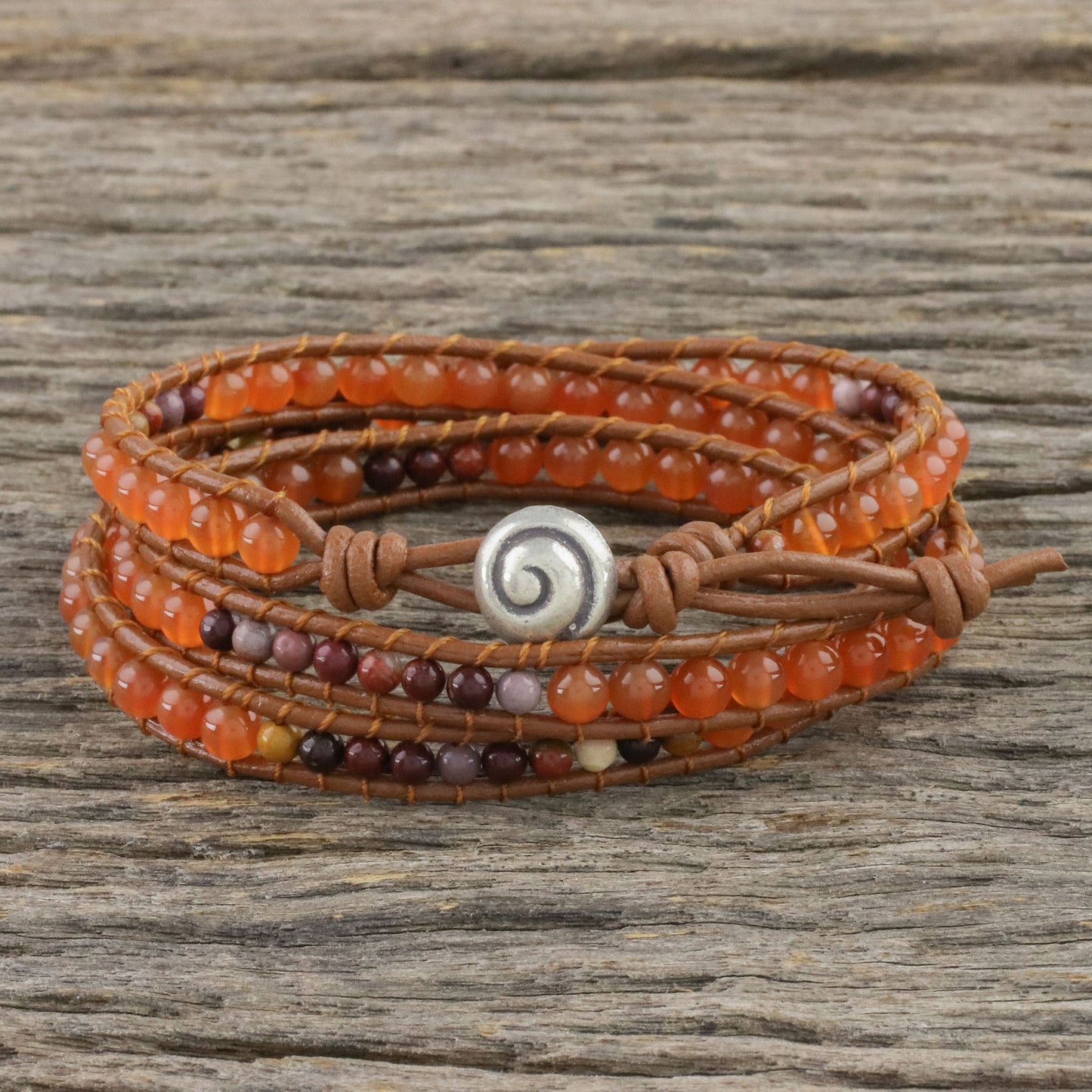 Terra Firma Swirl Carnelian and Jasper Beaded Leather Cord Wrap Bracelet