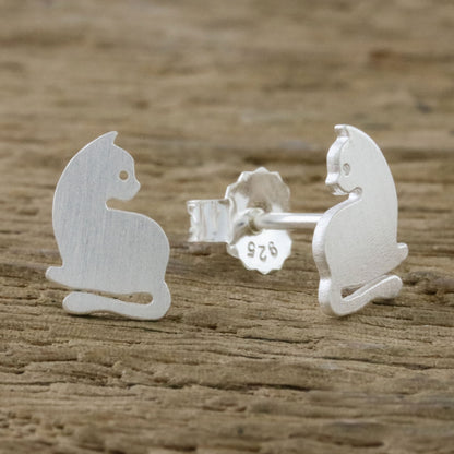 Leisurely Felines Sterling Silver Cat Stud Earrings from Thailand