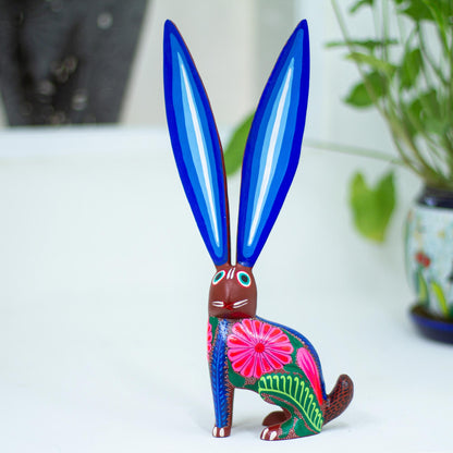 Long-Eared Rabbit Hand-Painted Wood Alebrije Rabbit Sculpture from Mexico