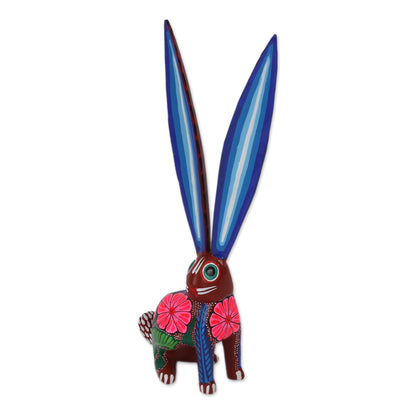 Long-Eared Rabbit Hand-Painted Wood Alebrije Rabbit Sculpture from Mexico