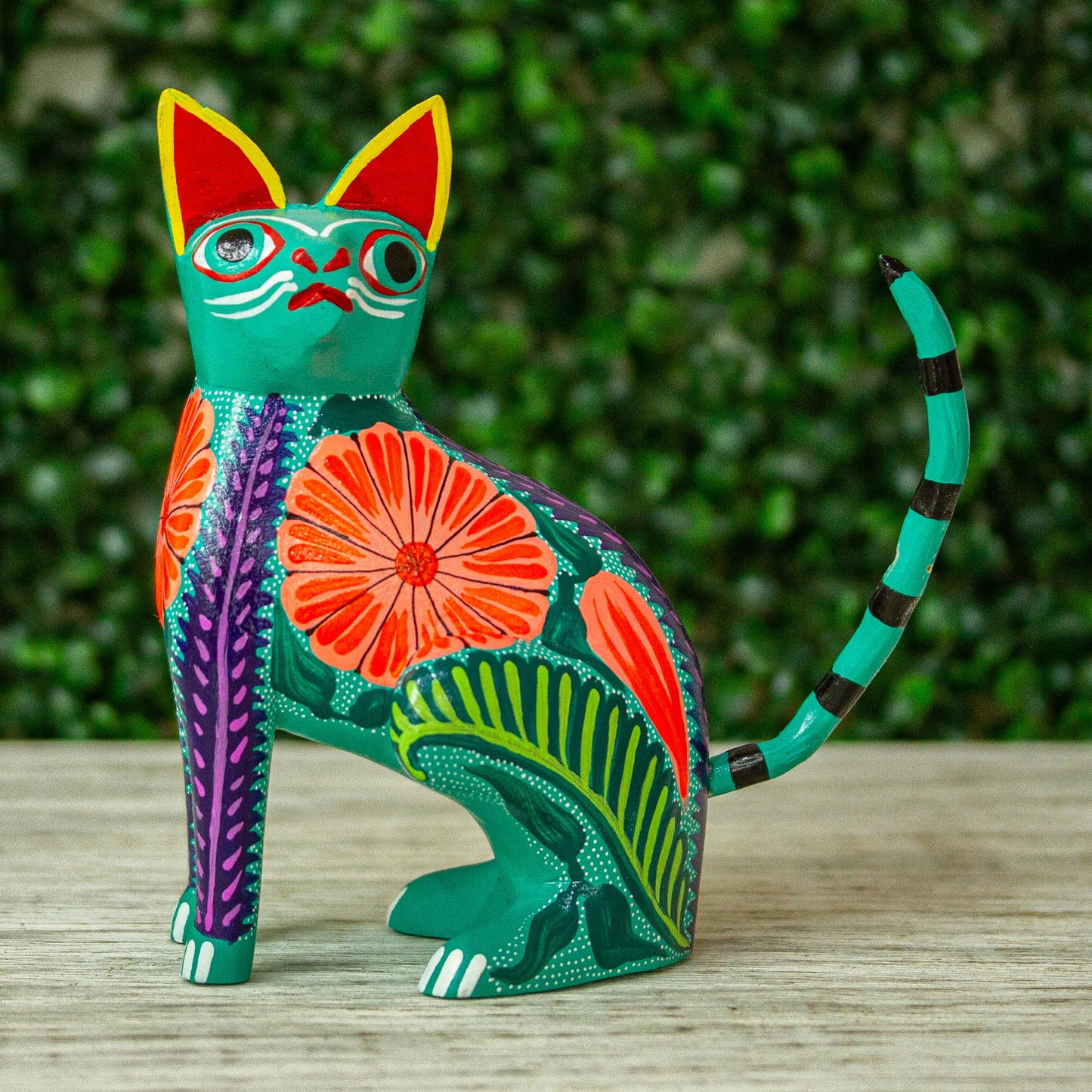 Floral Feline Handcrafted Copal Wood Alebrije Cat Figurine from Mexico