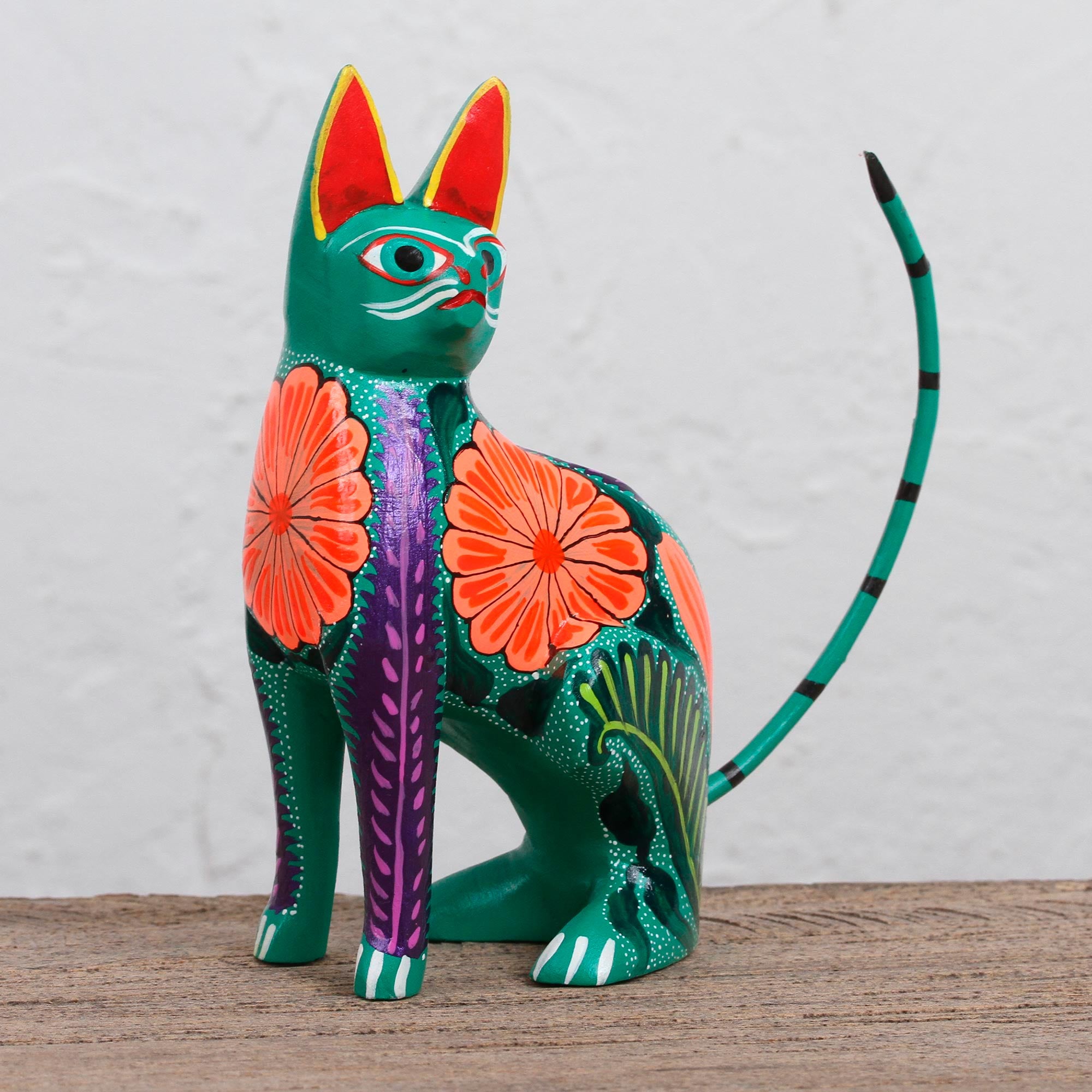 NOVICA Floral Feline Handcrafted Copal Wood Alebrije Cat Figurine