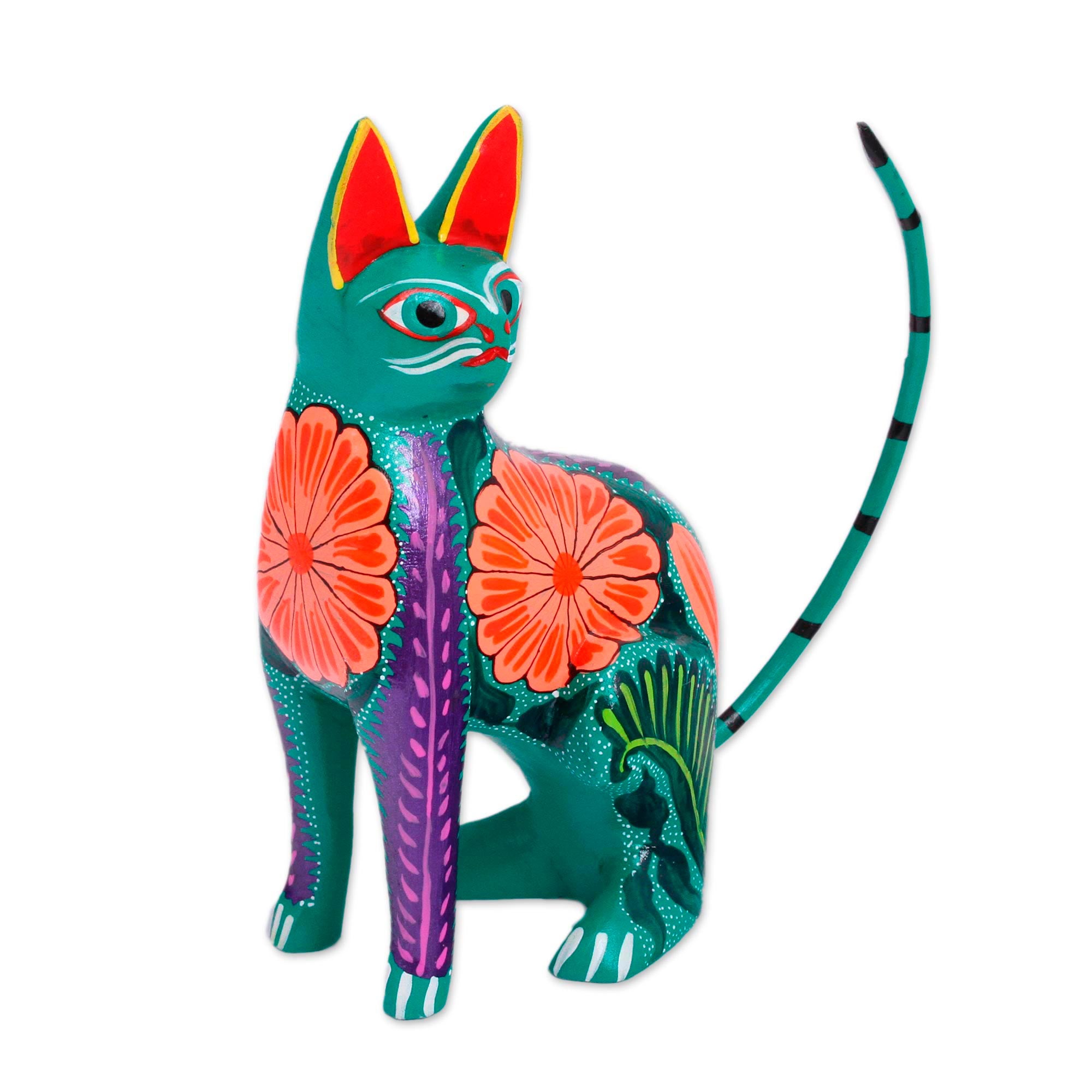 NOVICA Floral Feline Handcrafted Copal Wood Alebrije Cat Figurine