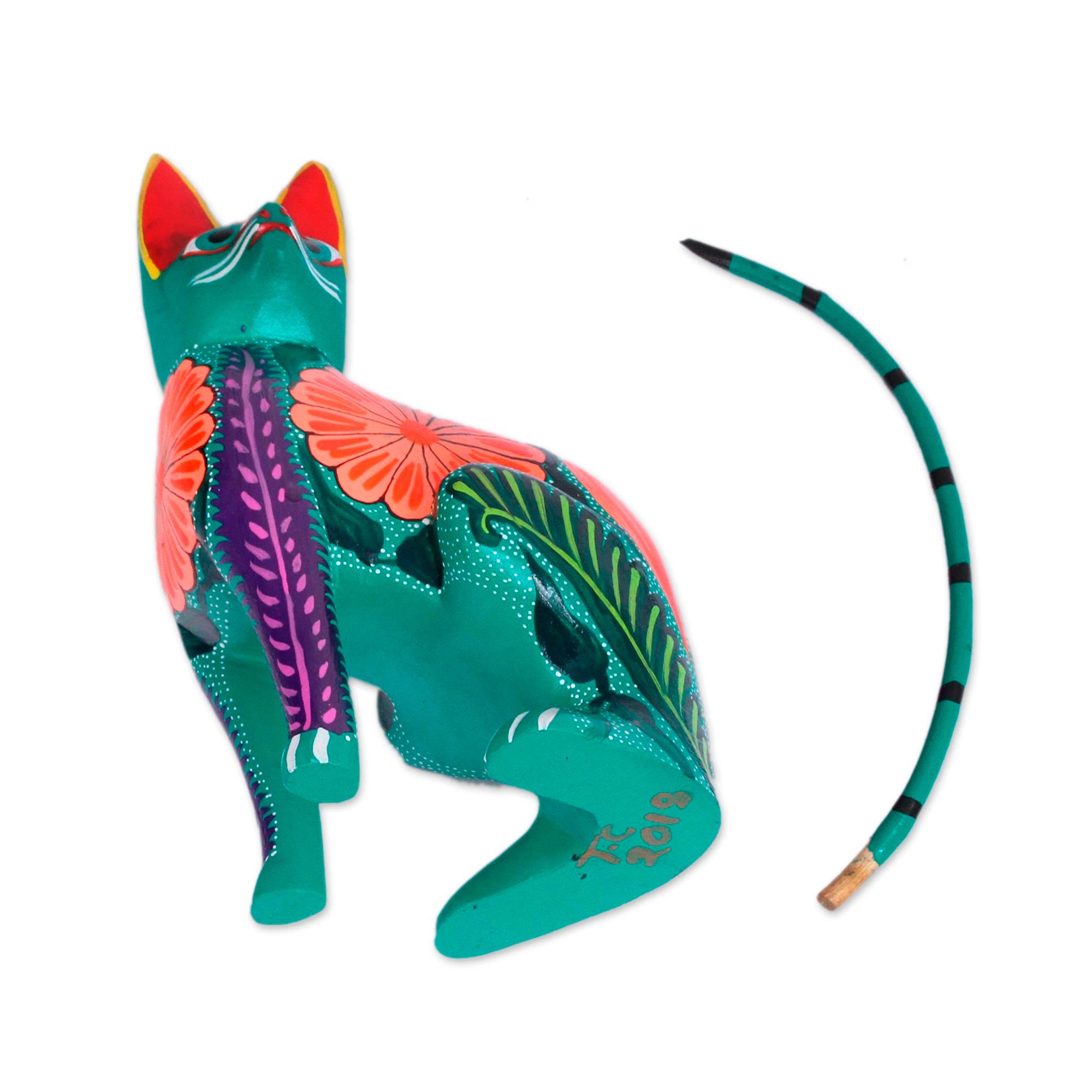 NOVICA Floral Feline Handcrafted Copal Wood Alebrije Cat Figurine