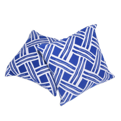 Bedeg in Bali Pair of Blue and White Cotton Cushion Covers from Bali