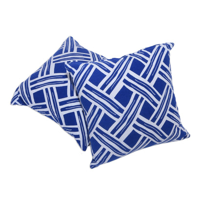 Bedeg in Bali Pair of Blue and White Cotton Cushion Covers from Bali