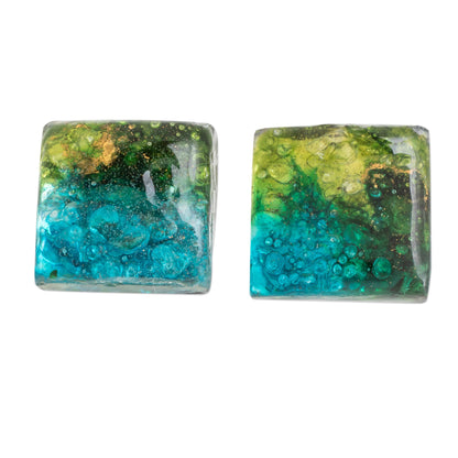 Forest Modernity Recycled Glass Button Earrings in Blue and Green