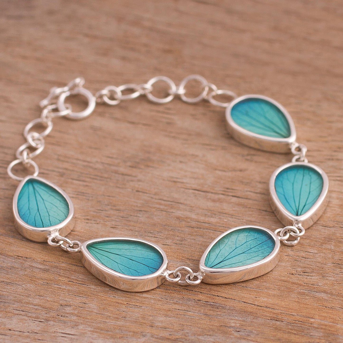 Petal Rain in Aqua Aqua Hydrangea Leaf Sterling Silver Teardrop Link Bracelet