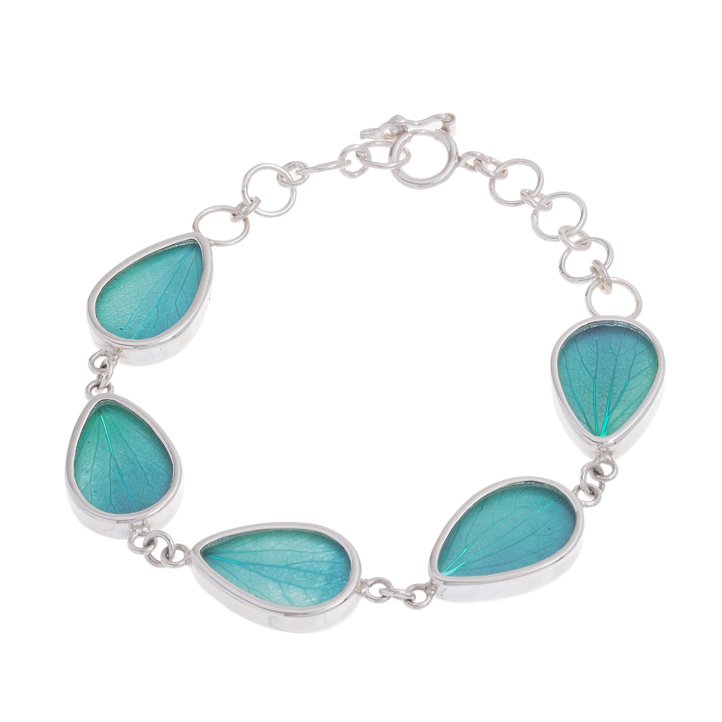 Petal Rain in Aqua Aqua Hydrangea Leaf Sterling Silver Teardrop Link Bracelet