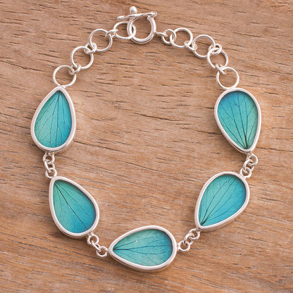 Petal Rain in Aqua Aqua Hydrangea Leaf Sterling Silver Teardrop Link Bracelet