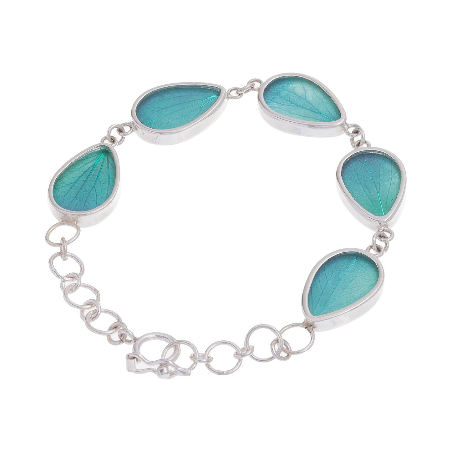 Petal Rain in Aqua Aqua Hydrangea Leaf Sterling Silver Teardrop Link Bracelet