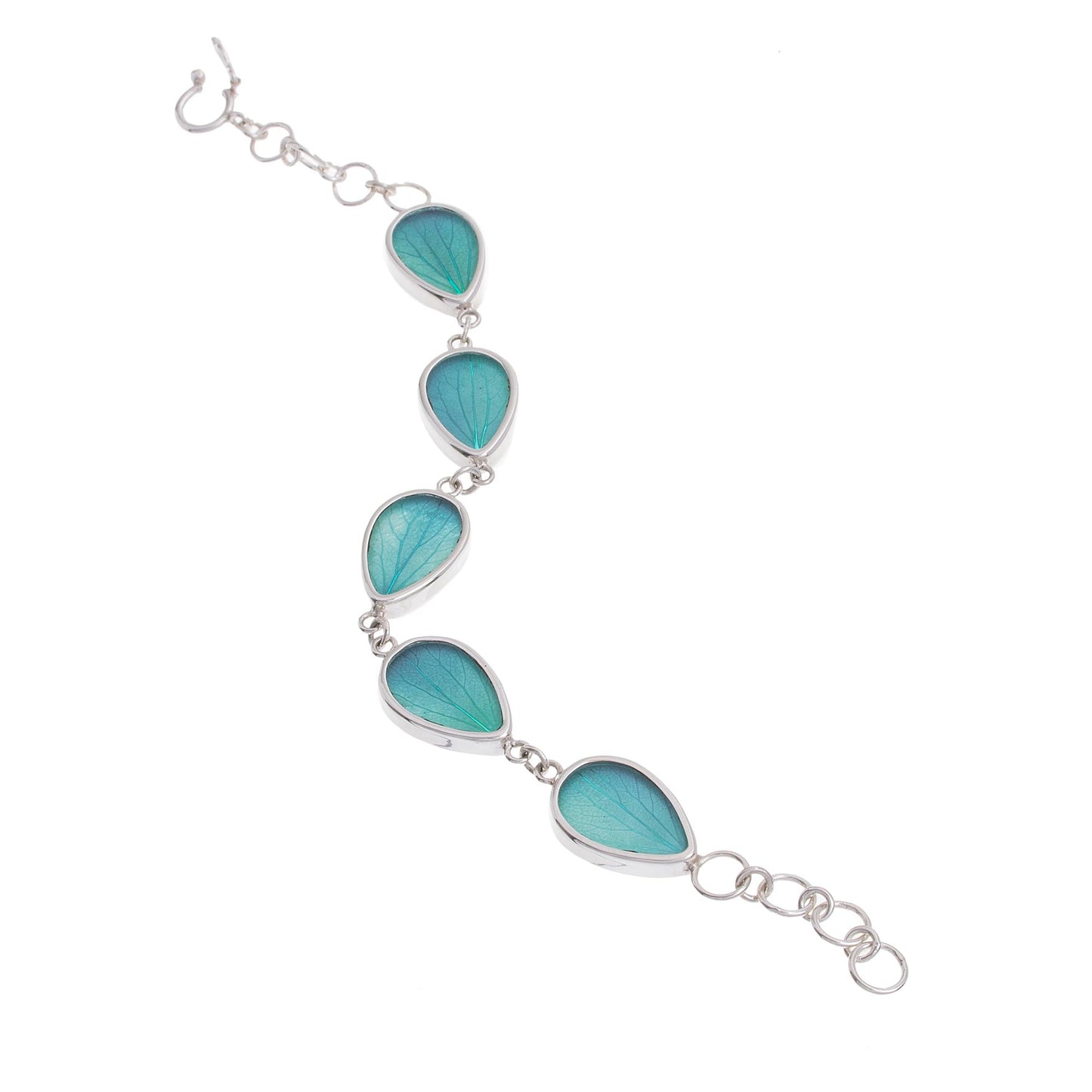 Petal Rain in Aqua Aqua Hydrangea Leaf Sterling Silver Teardrop Link Bracelet