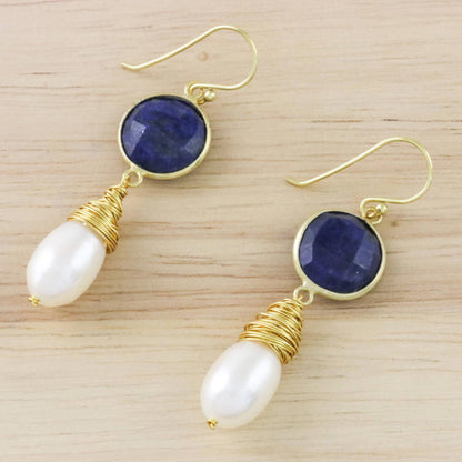 Moonlit Dawn Lapis & Pearl Gold-Plated Drop Earrings