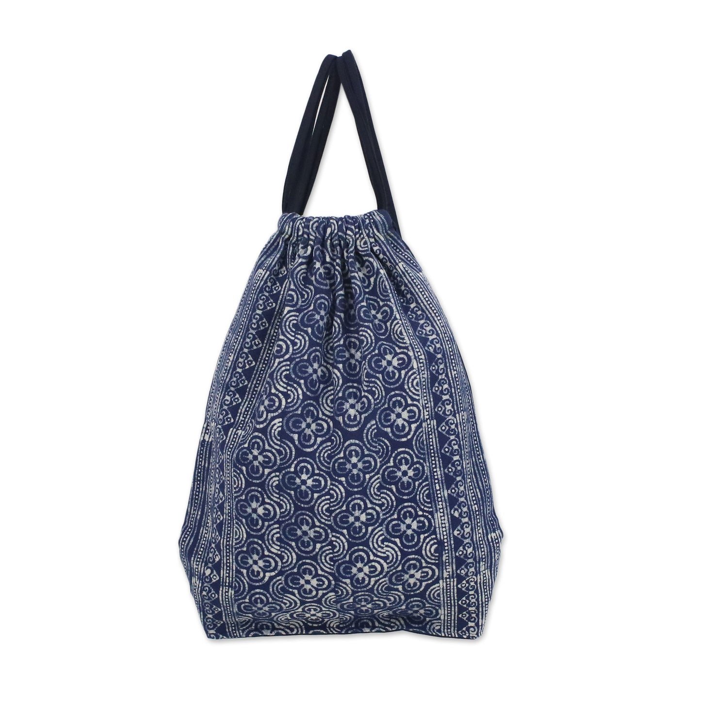 Garden Paths Indigo Batik Cotton Arc and Flower Motif Drawstring Backpack