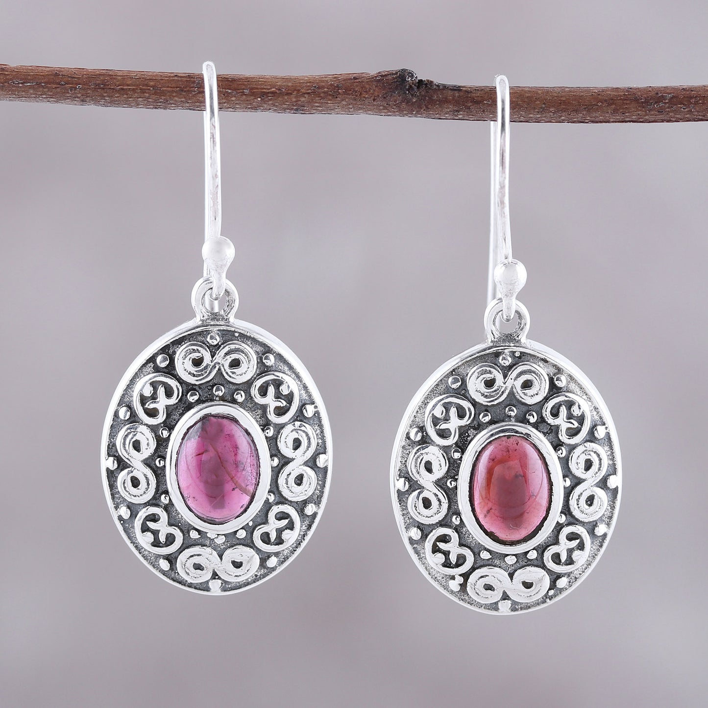 Swirling Ellipse Swirl Motif Oval Garnet Dangle Earrings from India