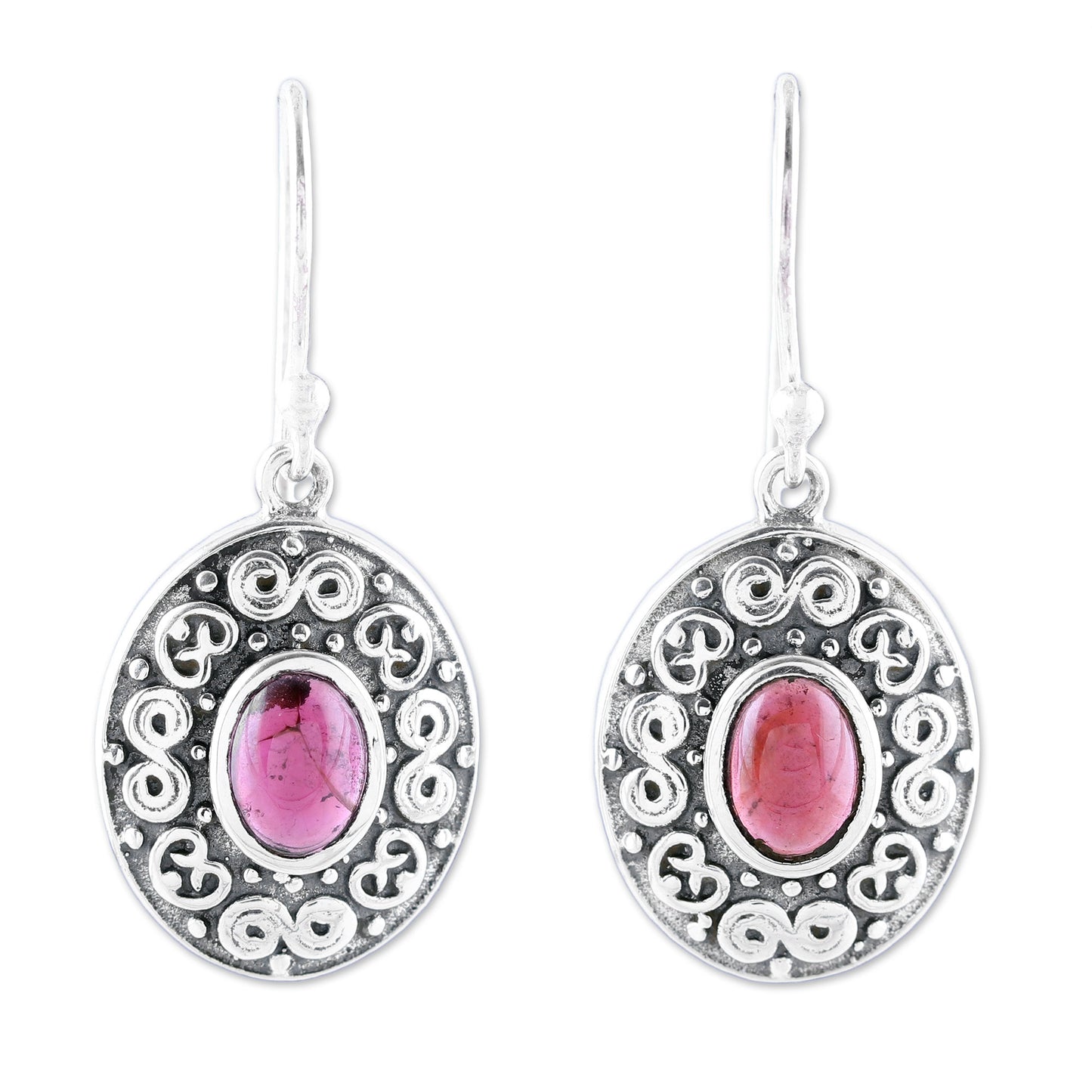 Swirling Ellipse Swirl Motif Oval Garnet Dangle Earrings from India