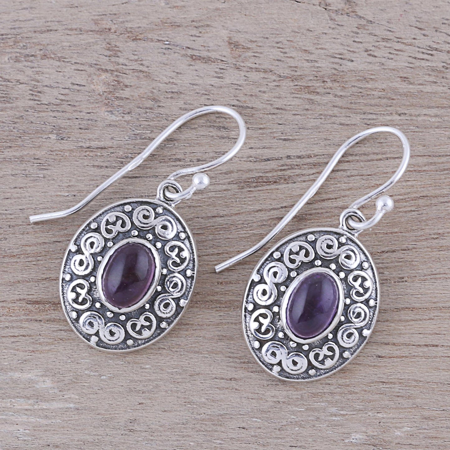 Swirling Ellipse Swirl Motif Oval Amethyst Dangle Earrings from India