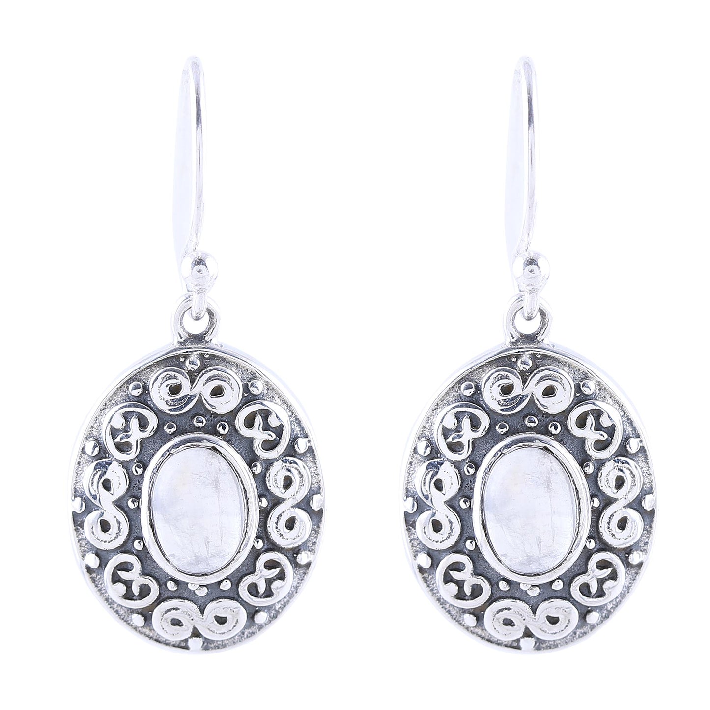 Swirling Ellipse Swirl Motif Rainbow Moonstone Dangle Earrings from India