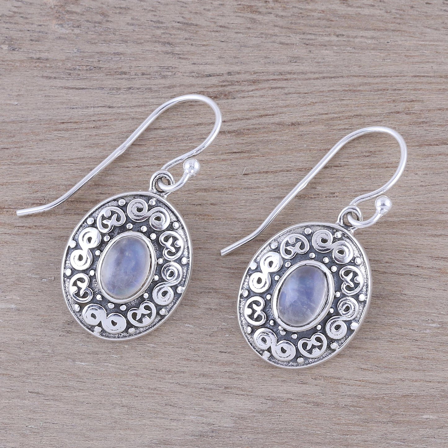 Swirling Ellipse Swirl Motif Rainbow Moonstone Dangle Earrings from India