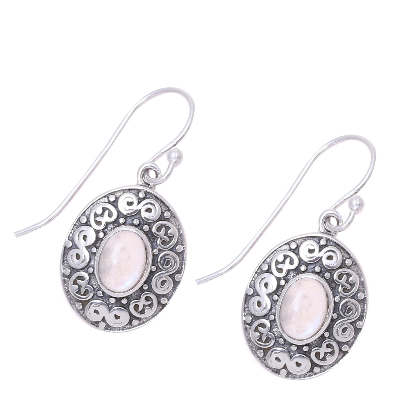 Swirling Ellipse Swirl Motif Rainbow Moonstone Dangle Earrings from India