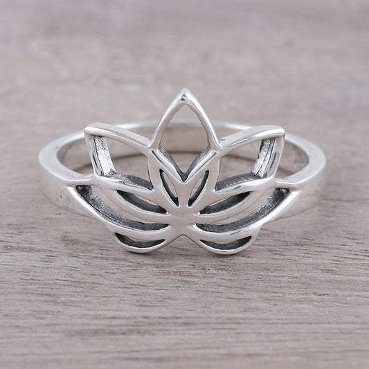 Graceful Lotus Sterling Silver Lotus Flower Cocktail Ring from India