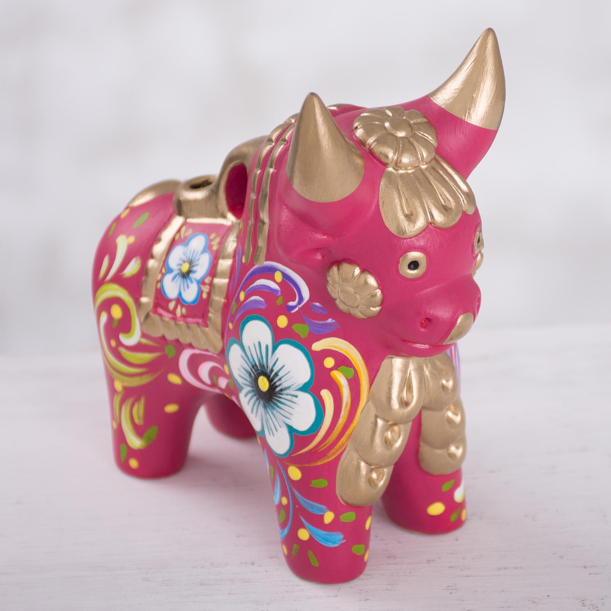 NOVICA Festive Bull Fuchsia and Multi-Color Floral Motif Ceramic