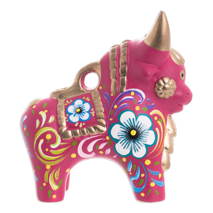 Festive Bull Fuchsia and Multi-Color Floral Motif Ceramic Bull from Peru