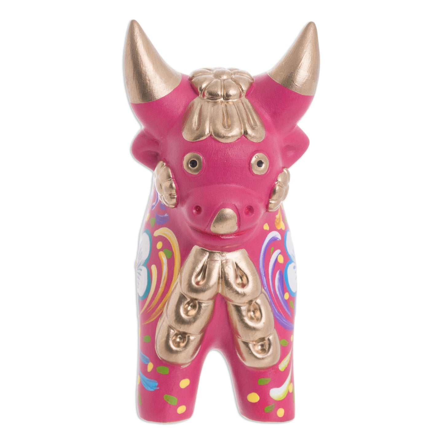 Festive Bull Fuchsia and Multi-Color Floral Motif Ceramic Bull from Peru