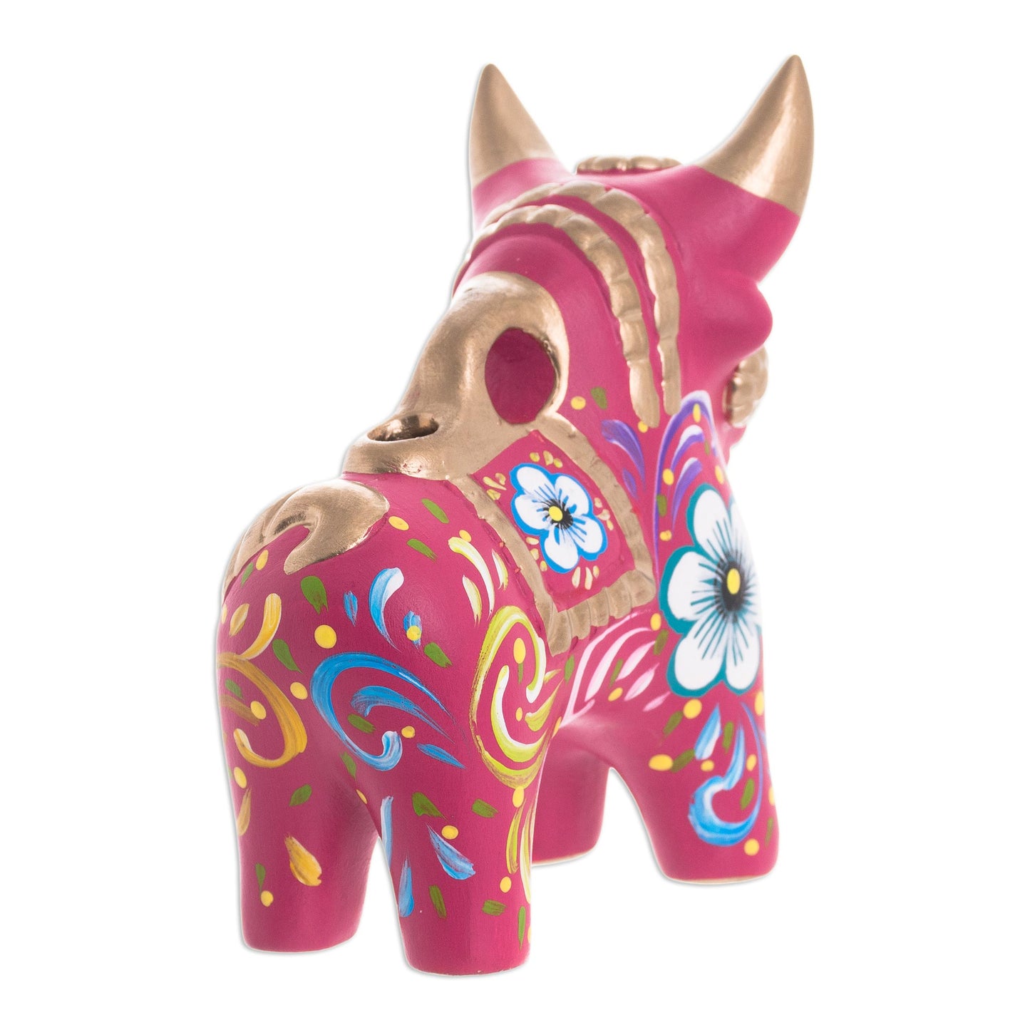 Festive Bull Fuchsia and Multi-Color Floral Motif Ceramic Bull from Peru