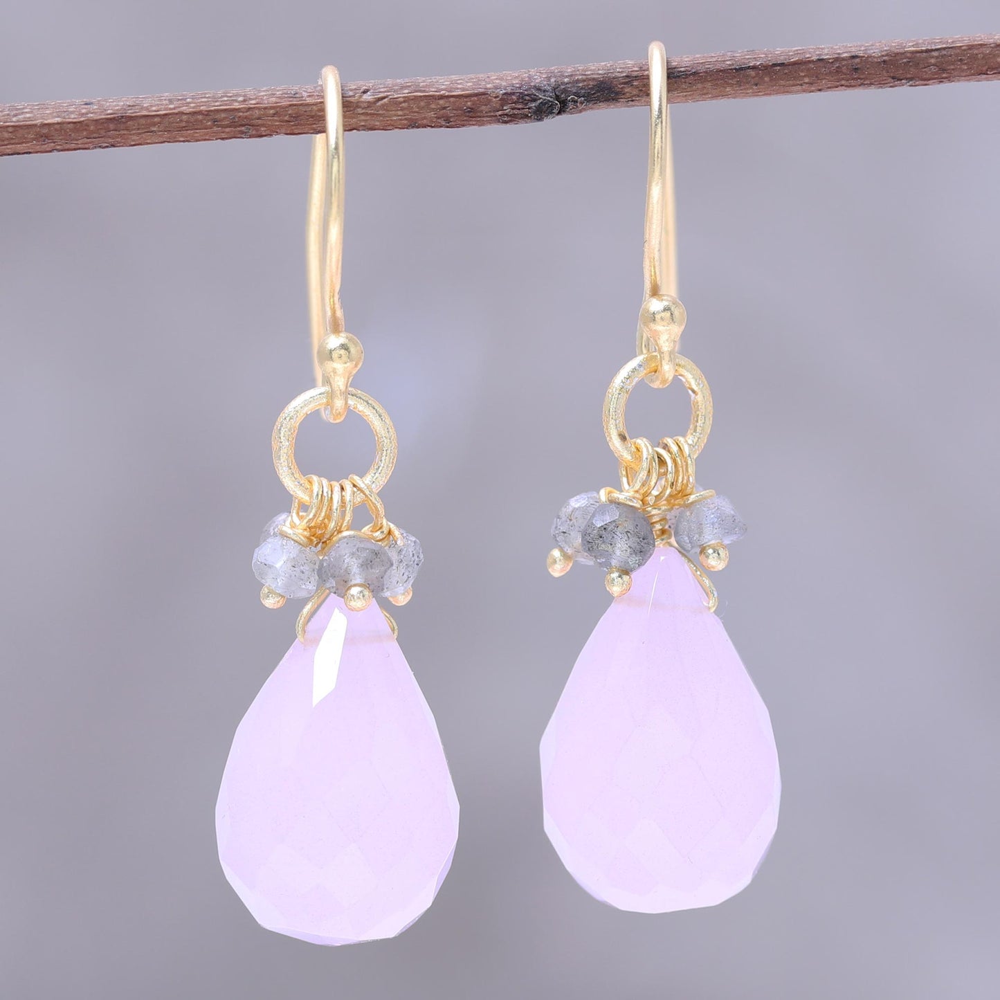 Glittering Pink Drops 22k Gold Plated Rose Quartz and Labradorite Dangle Earrings