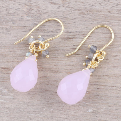 Glittering Pink Drops 22k Gold Plated Rose Quartz and Labradorite Dangle Earrings