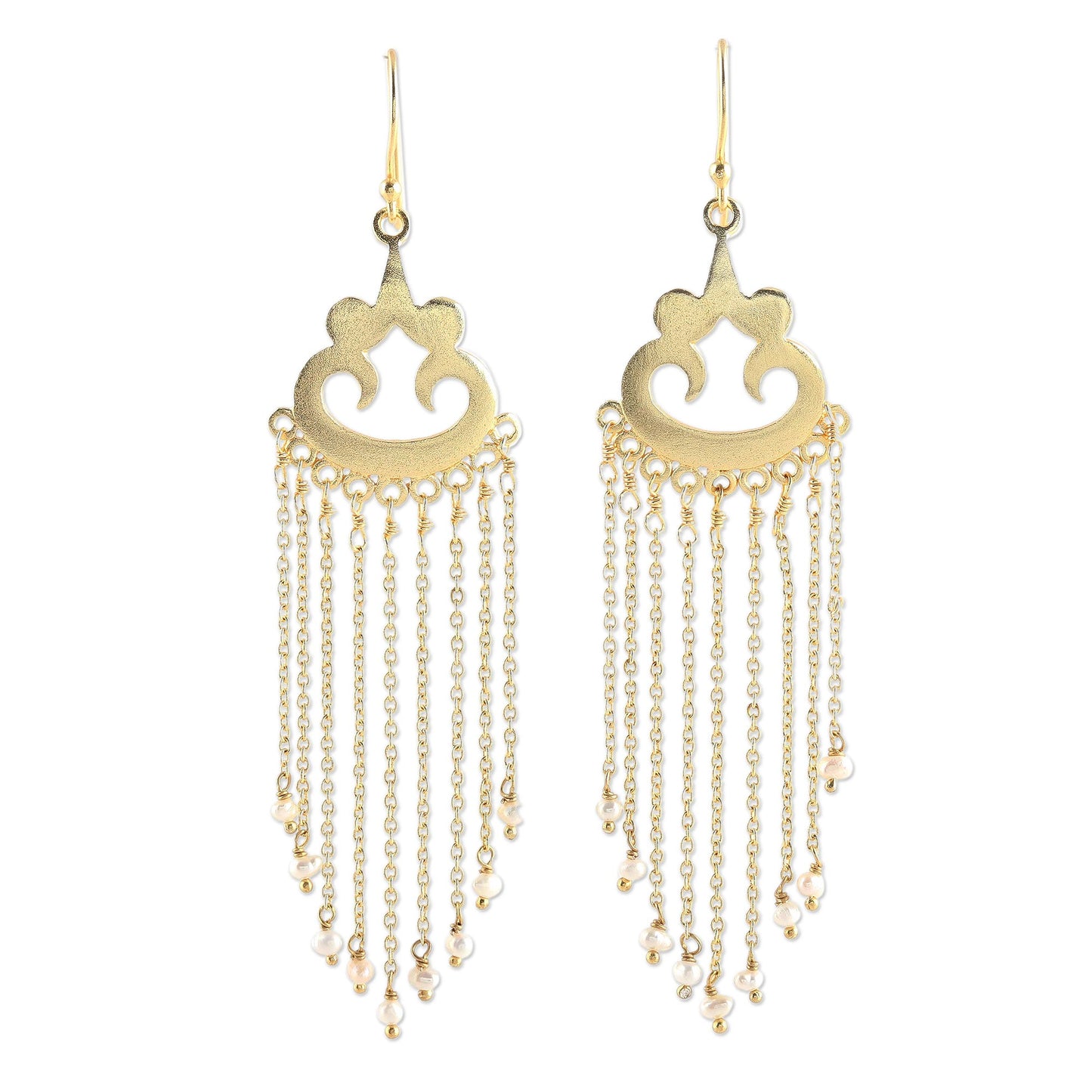 Glowing Rain Gold Plated Cultured Pearl Waterfall Earrings from India