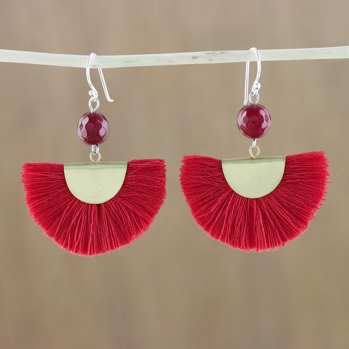 Festival in Red Quartz and Brass Bead Dangle Earrings with Cotton Fringe