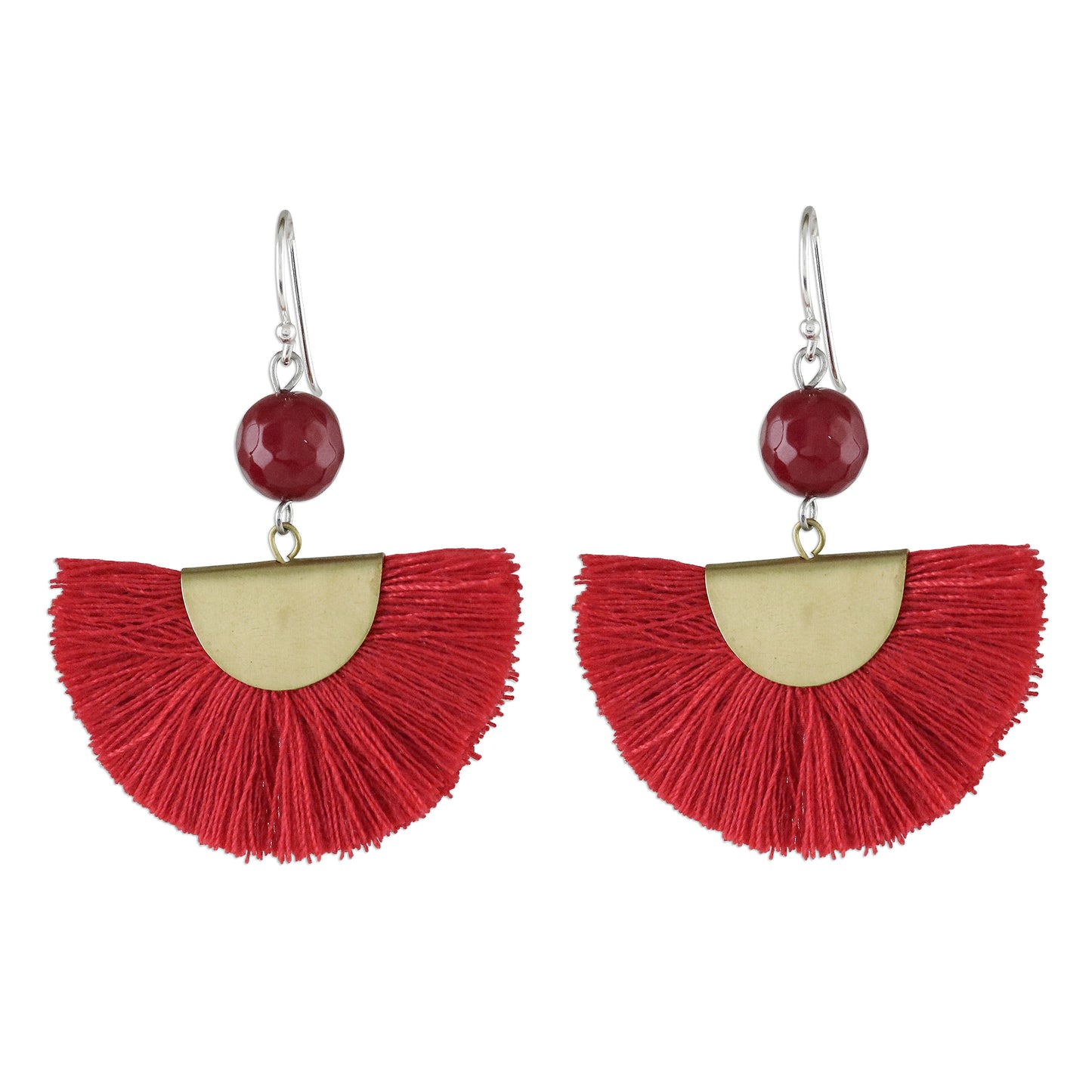 Festival in Red Quartz and Brass Bead Dangle Earrings with Cotton Fringe