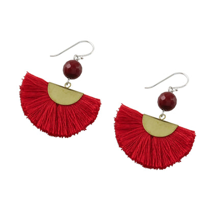 Festival in Red Quartz and Brass Bead Dangle Earrings with Cotton Fringe