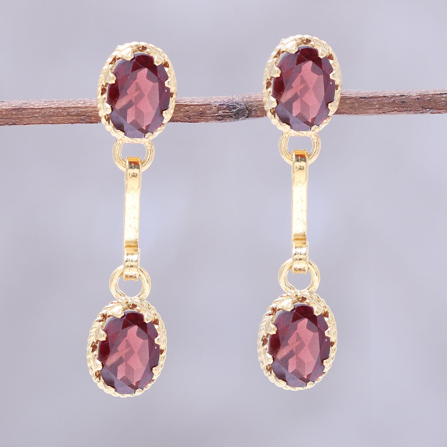 Dazzling Twins Gold Plated Garnet Dangle Earrings from India