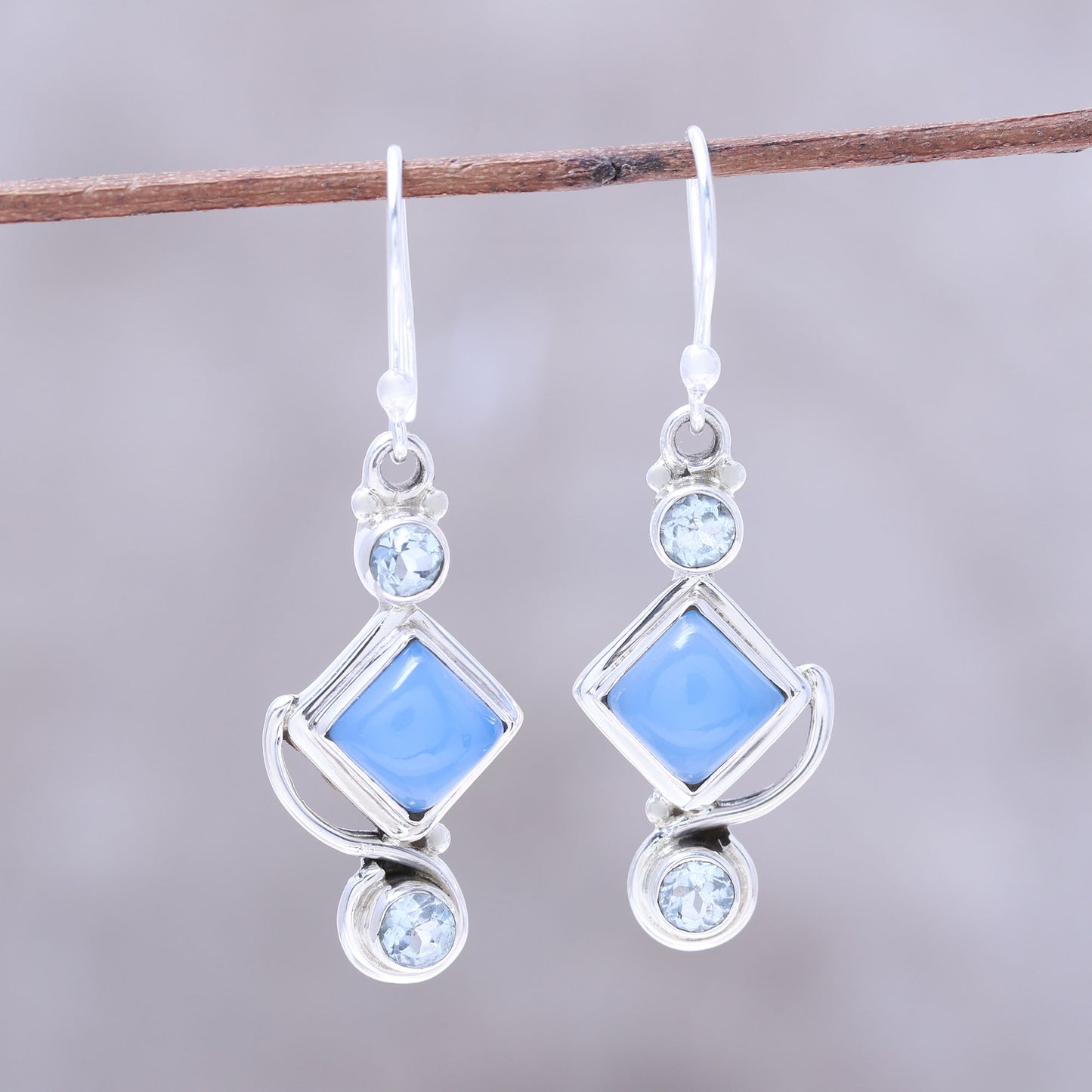 Beauty of the Seas Blue Topaz and Chalcedony Dangle Earrings Handmade in India