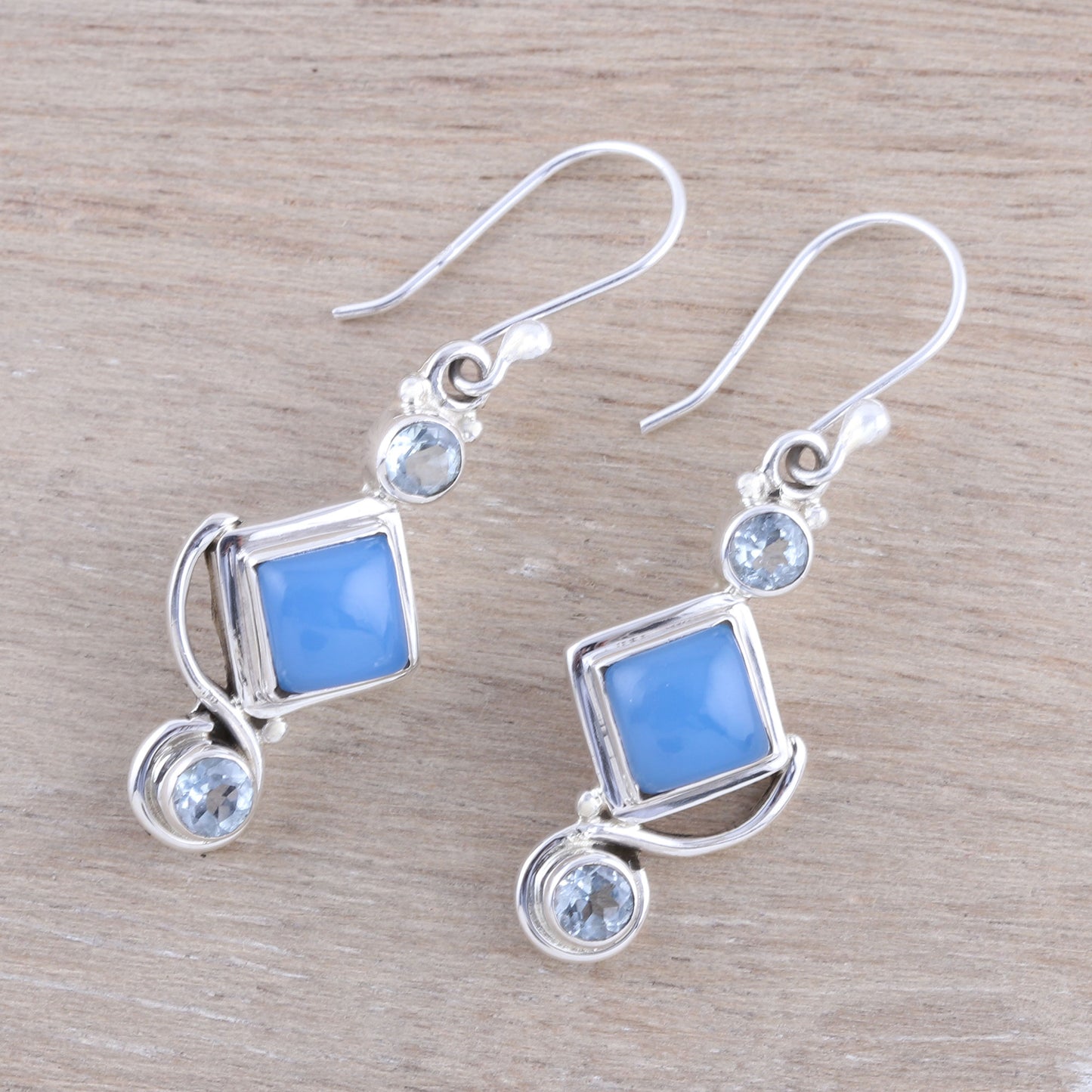 Beauty of the Seas Blue Topaz and Chalcedony Dangle Earrings Handmade in India