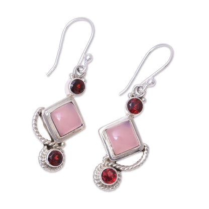 Beauty of the Horizon Garnet and Pink Chalcedony Dangle Earrings Handmade in India