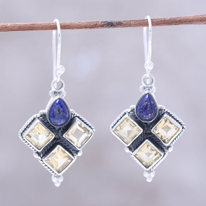 Golden Ocean Citrine and Lapis Lazuli Dangle Earrings Handmade in India