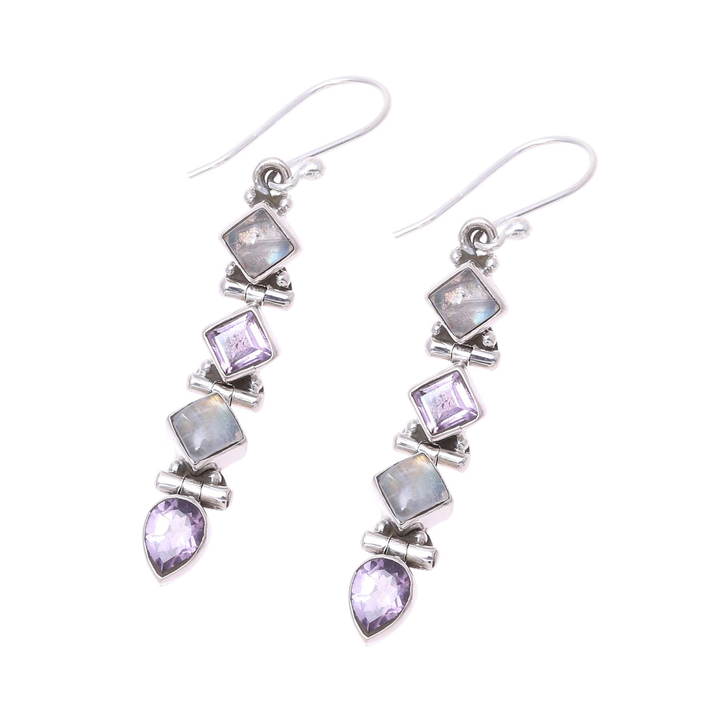 Gemstone Fusion Amethyst and Rainbow Moonstone Dangle Earrings from India